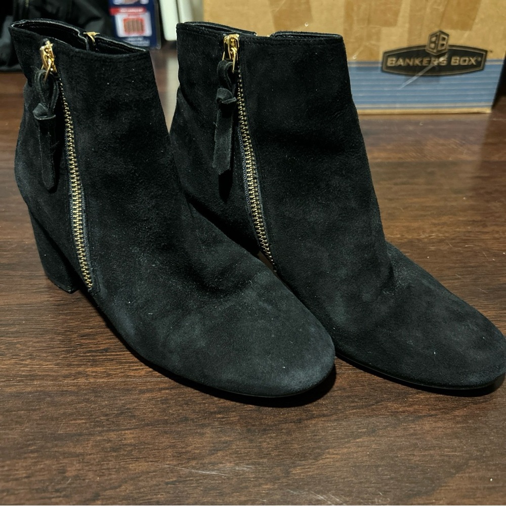 COLE HAAN Black Suede Ankle Boots — with double gold zippers! Worn twice!